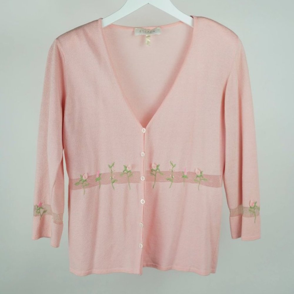 Escada Pink Floral-Embroidered Cardigan
